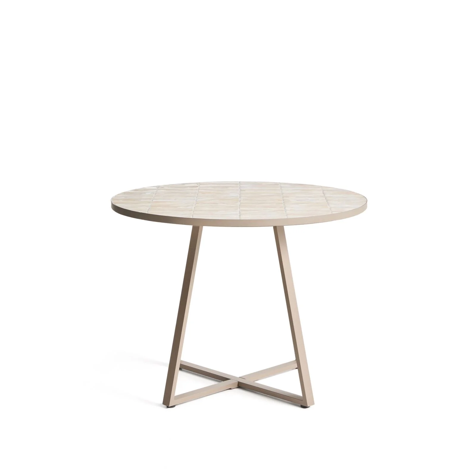 Runder Tisch Tella mit verzinktem Stahl und beigen Fliesen, Ø 120 cm
