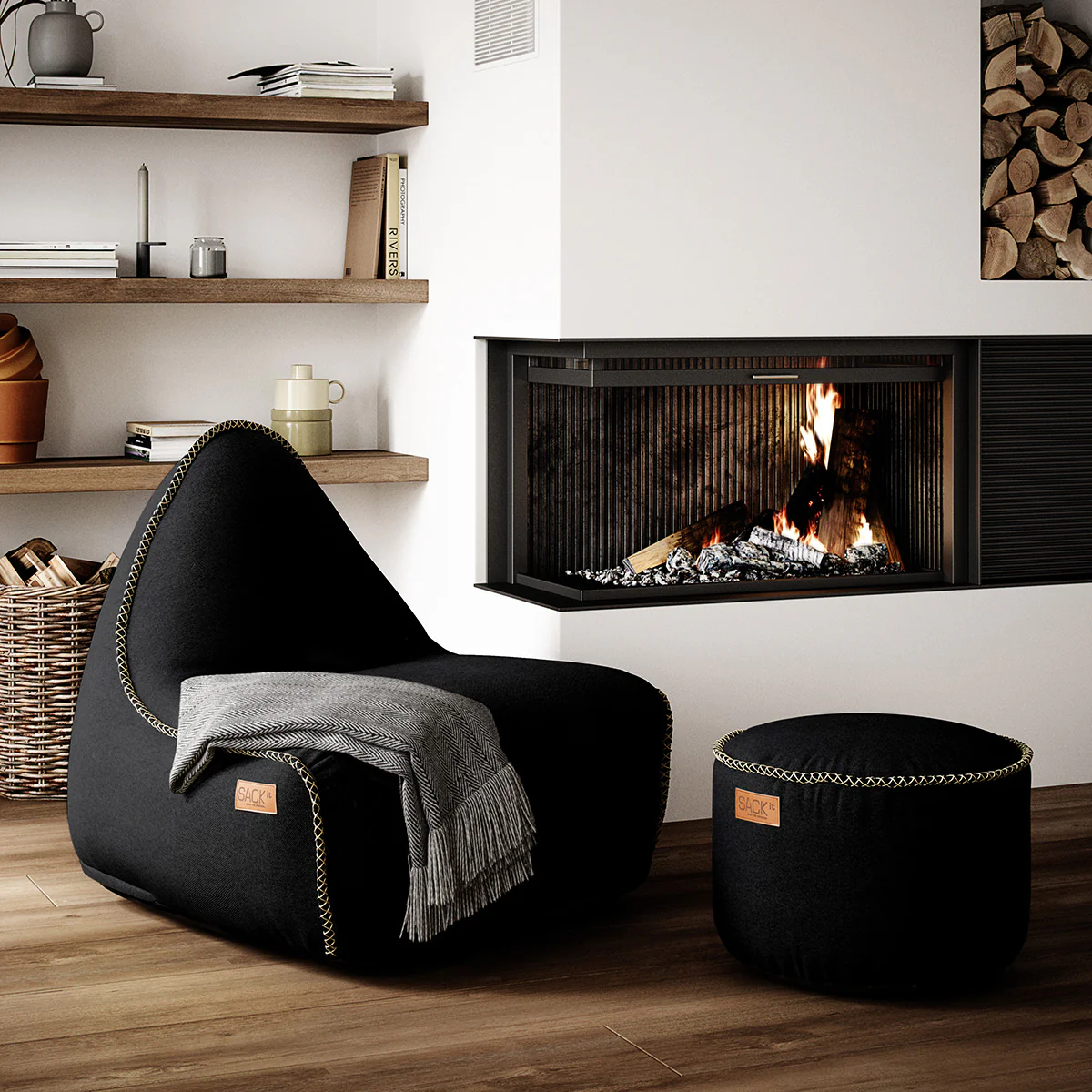 Canvas Lounge Chair Black + Pouf - Image 2