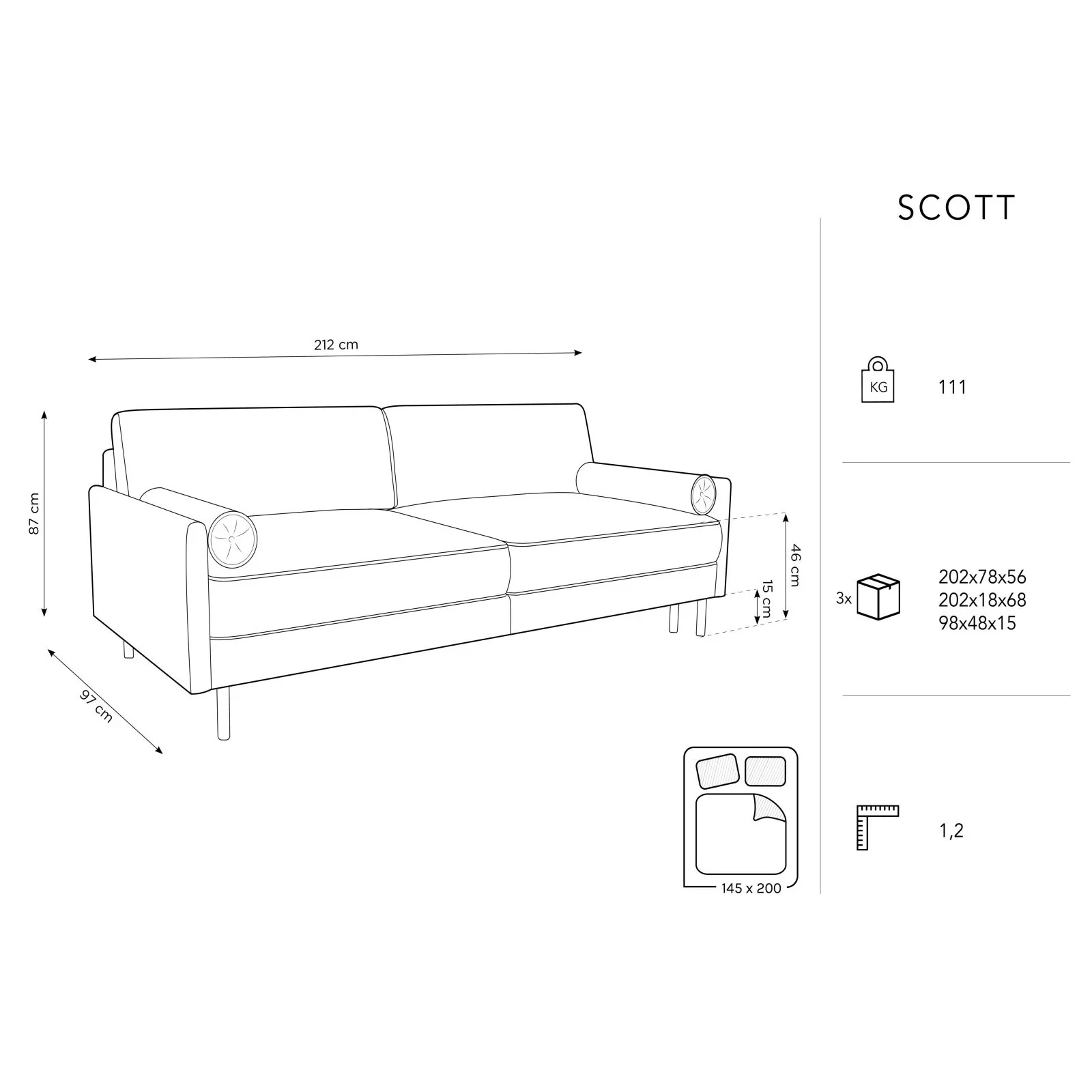 Scott 3-Sitzer Sofa, umwandelbar mit Schlaffunktion, mit Bezug aus Samt oder Strukturstoff, 212x97 cm - Image 103