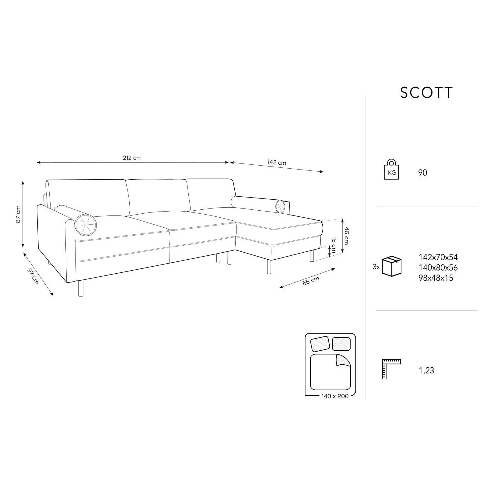 Scott 4-Sitzer Sofa, Rechte Seite, umwandelbar mit Schlaffunktion, mit Bezug aus Samt oder Strukturstoff, 212x142 cm - Image 71