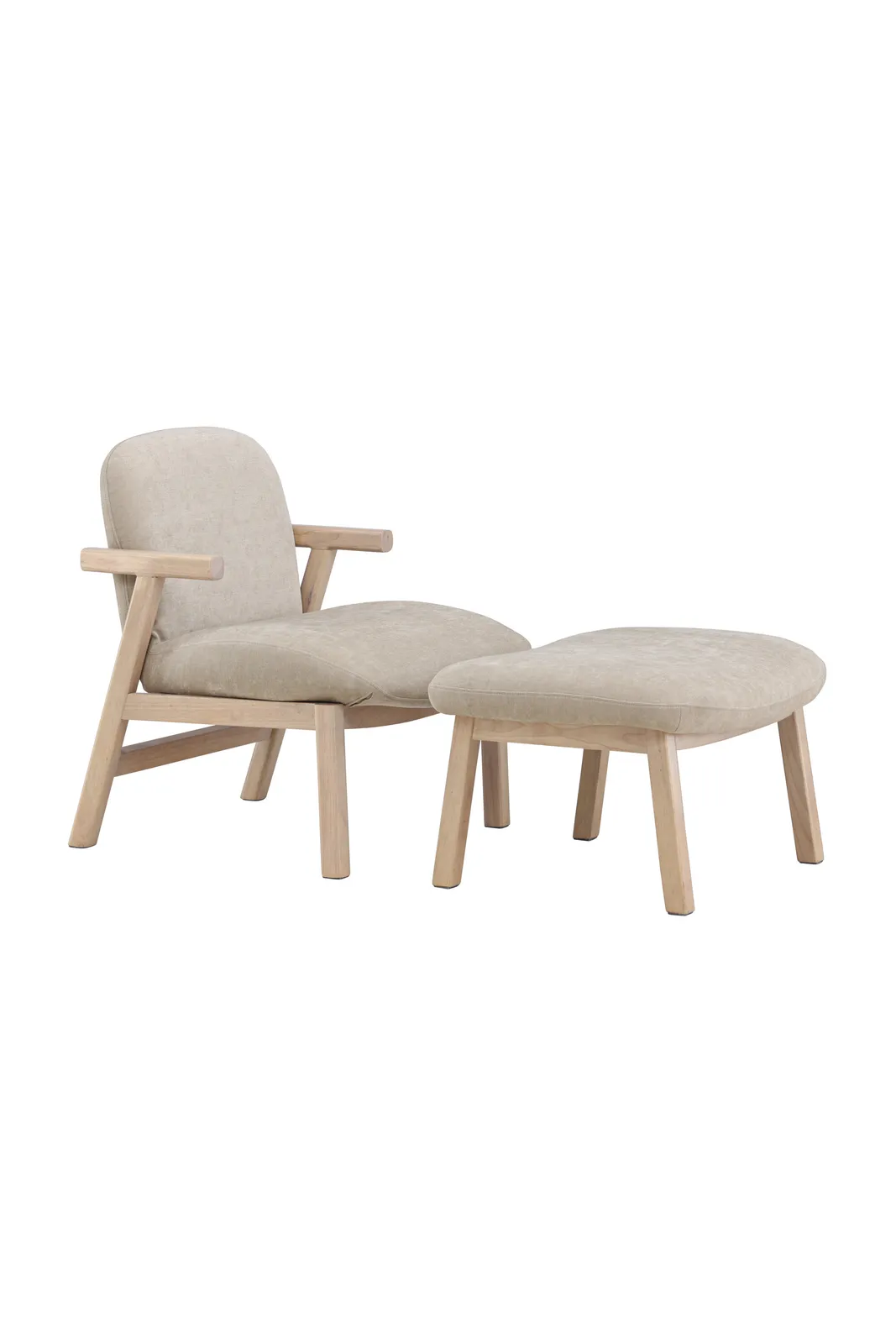 Sessel Rile aus Gummiholz mit Pouf in tünchenfarbenem Beige