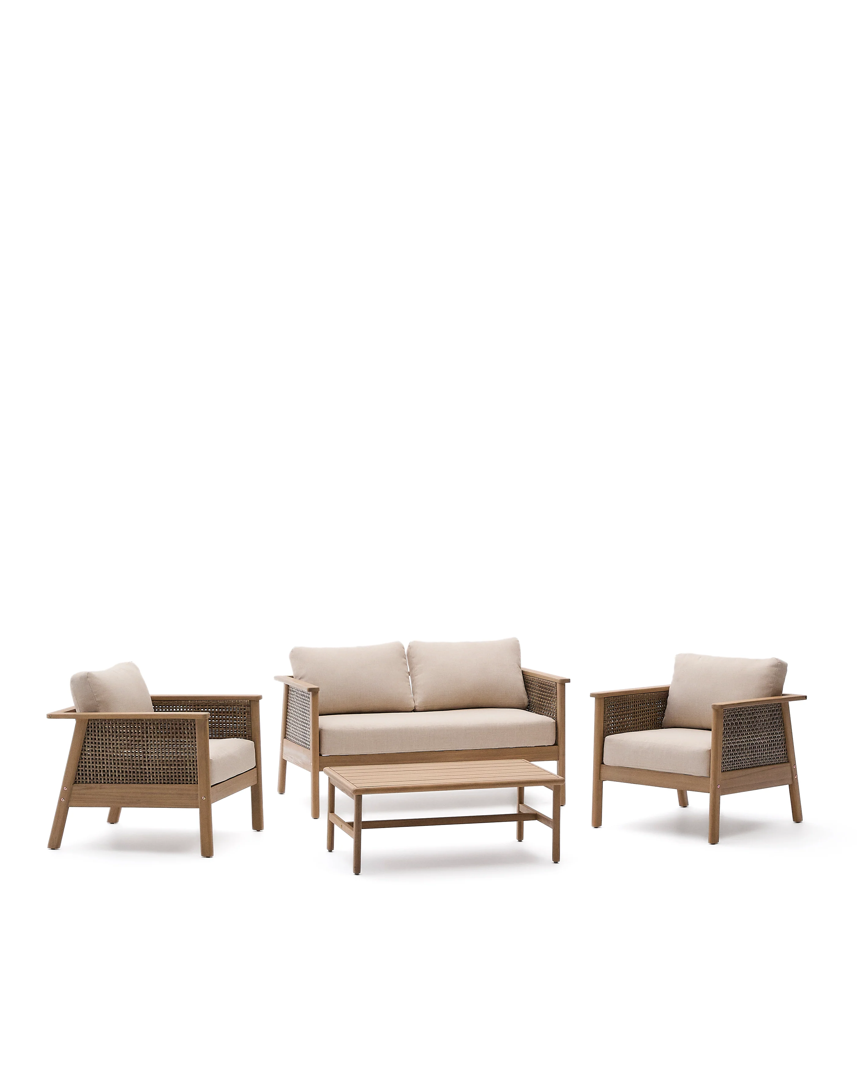 Set Alabe bestehend aus 2-Sitzer-Sofa, 2 Sesseln und Couchtisch aus Akazienholz 100% FSC