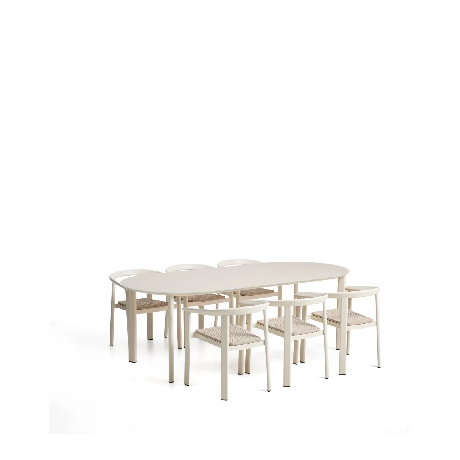 Set Erice mit 6 Stapelstühlen aus Aluminium und Seil und einem Tisch aus Aluminium und gehärtetem Glas in Ecru, 230 x 100 cm