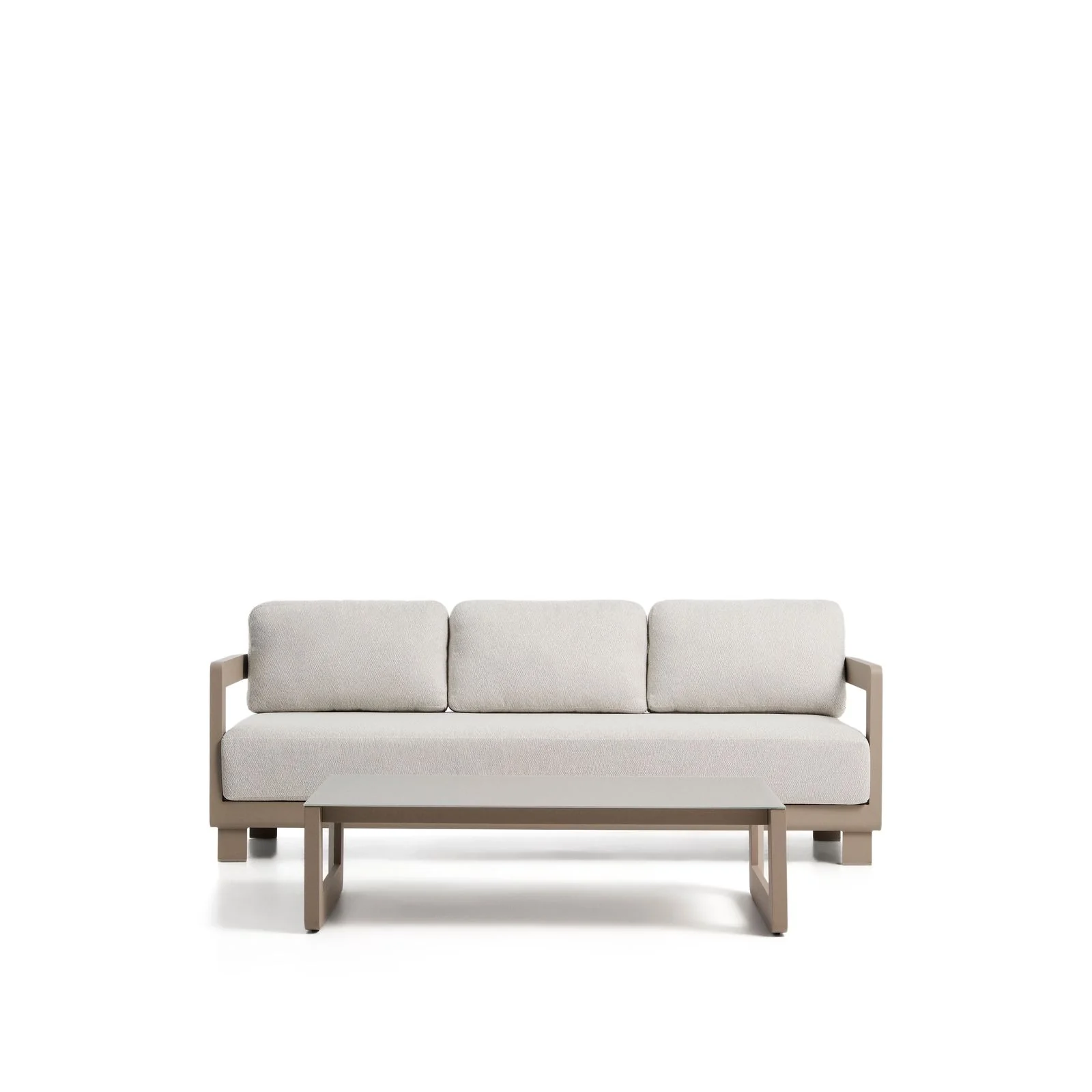 Set Nerano mit 3-Sitzer Sofa und Couchtisch aus Aluminium in Taupe
