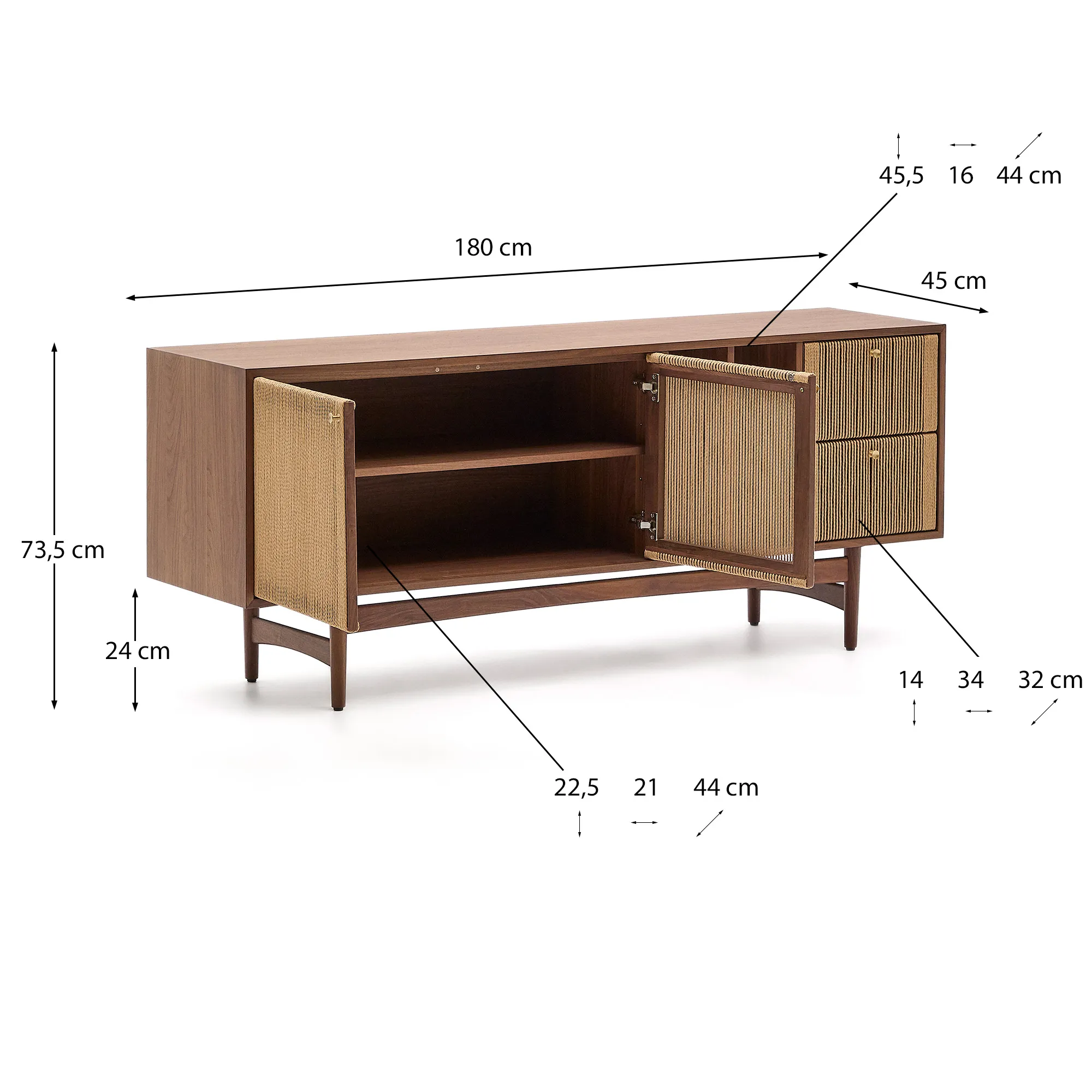 Sideboard Elan 2 Türen 2 Schubladen massives Nussholz und Furnier Seil 180x73cm FSC Mix Credit - Image 4