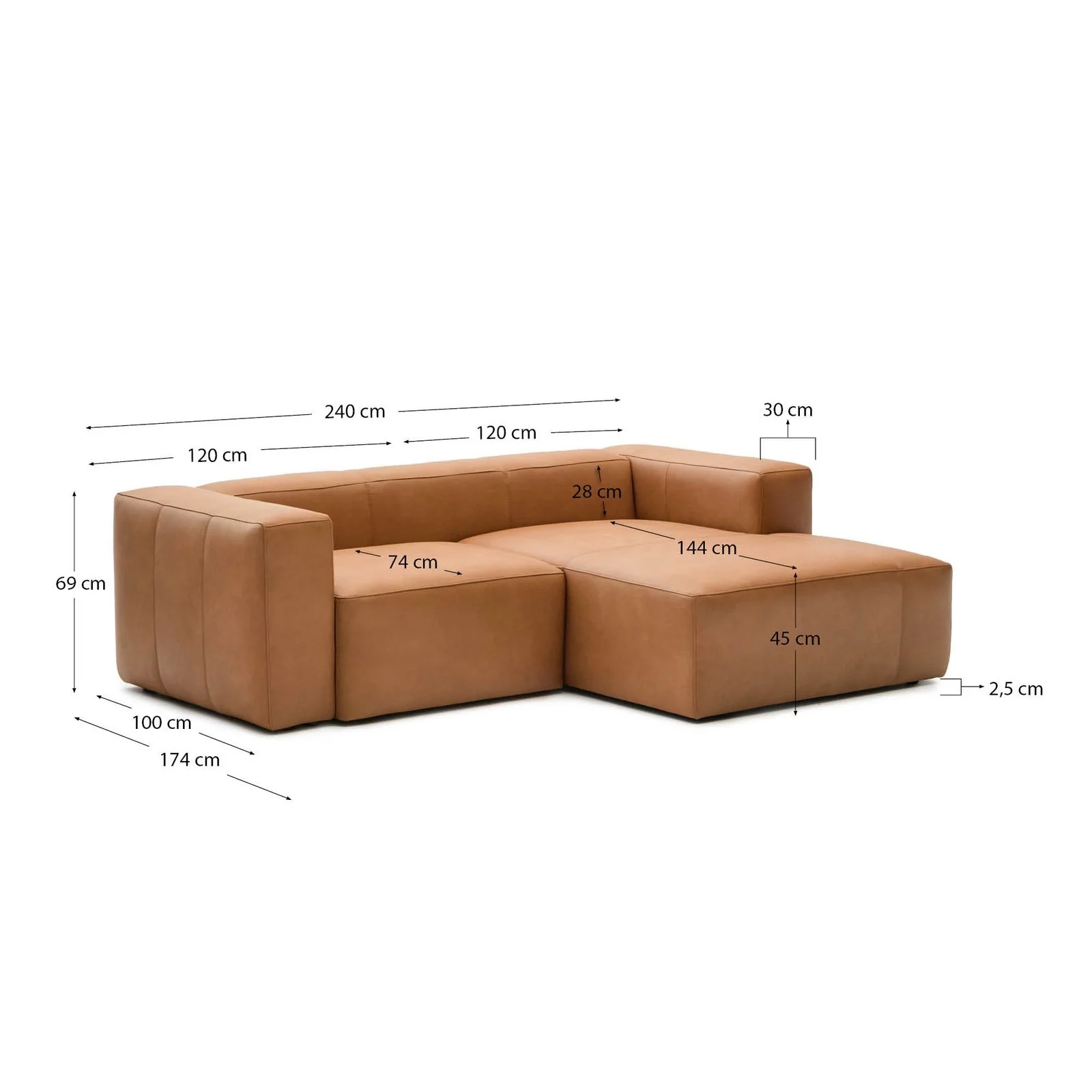 Sofa Blok aus braunem Leder 2-Sitzer Chaiselongue rechts 240 cm - Image 5