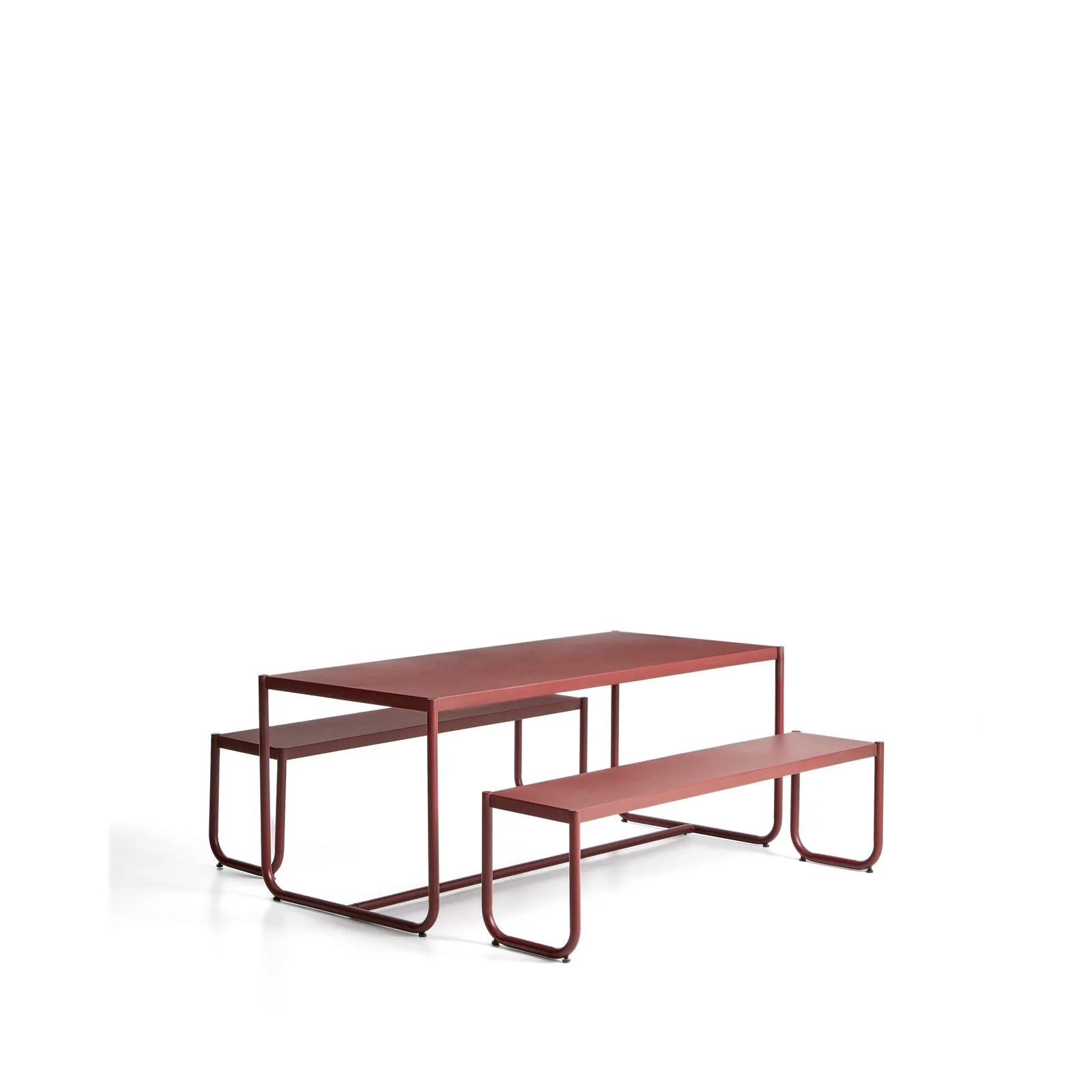 Sotil Set aus 2 Bänken und Tisch aus verzinktem Stahl mit granatfarbenem Finish 183 x 83 cm