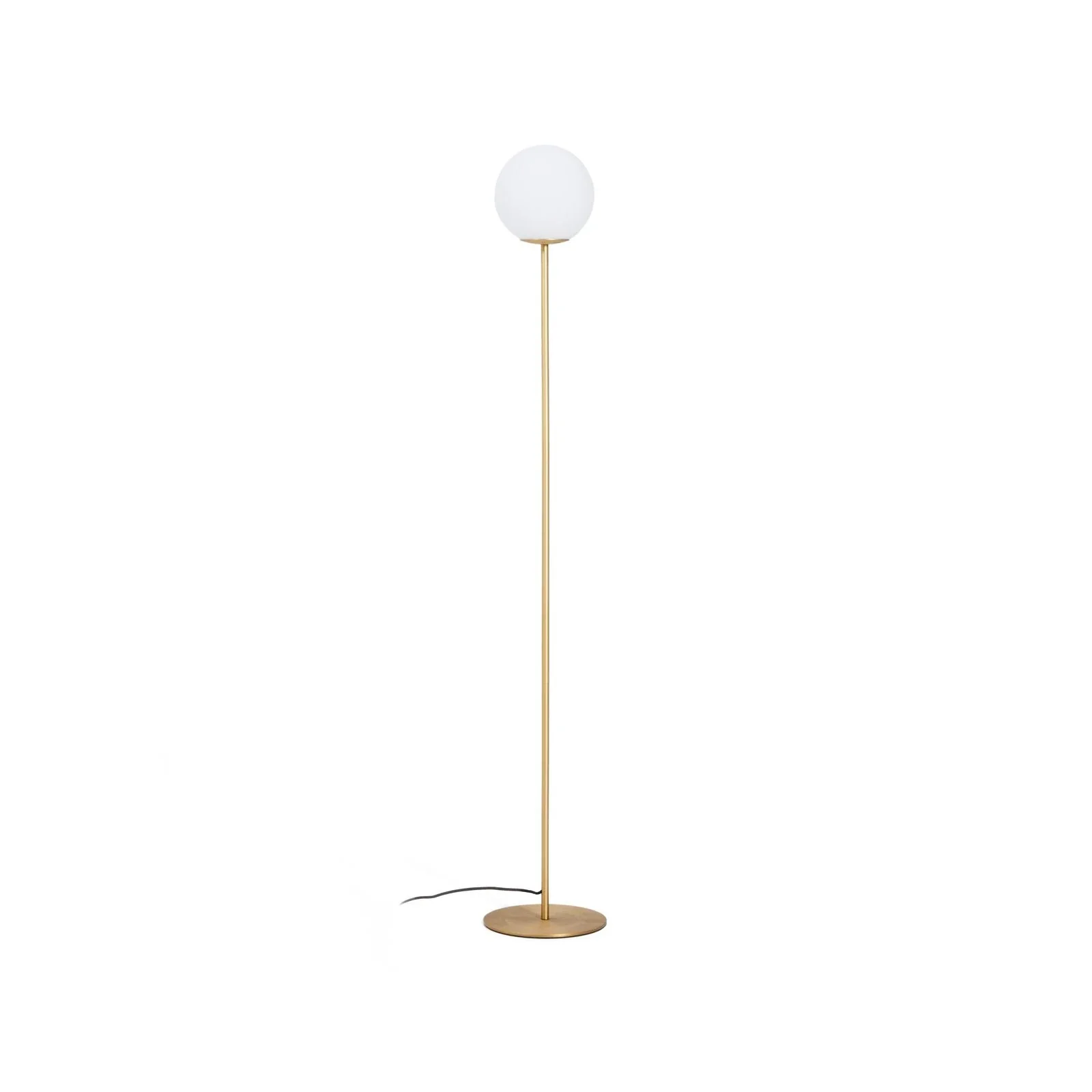 Stehlampe Brisia aus Metall mit gebürstetem Messing-Finish und einer mattierten Glaskugel Ø 25 cm