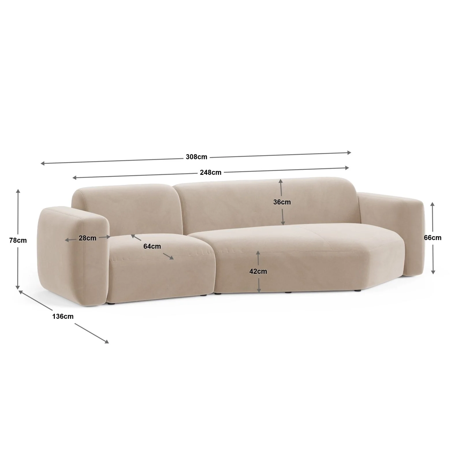 Strino 3-Sitzer Ecksofa, Linke Seite, aus Samt oder Strukturstoff, 308x136x78 cm - Image 22