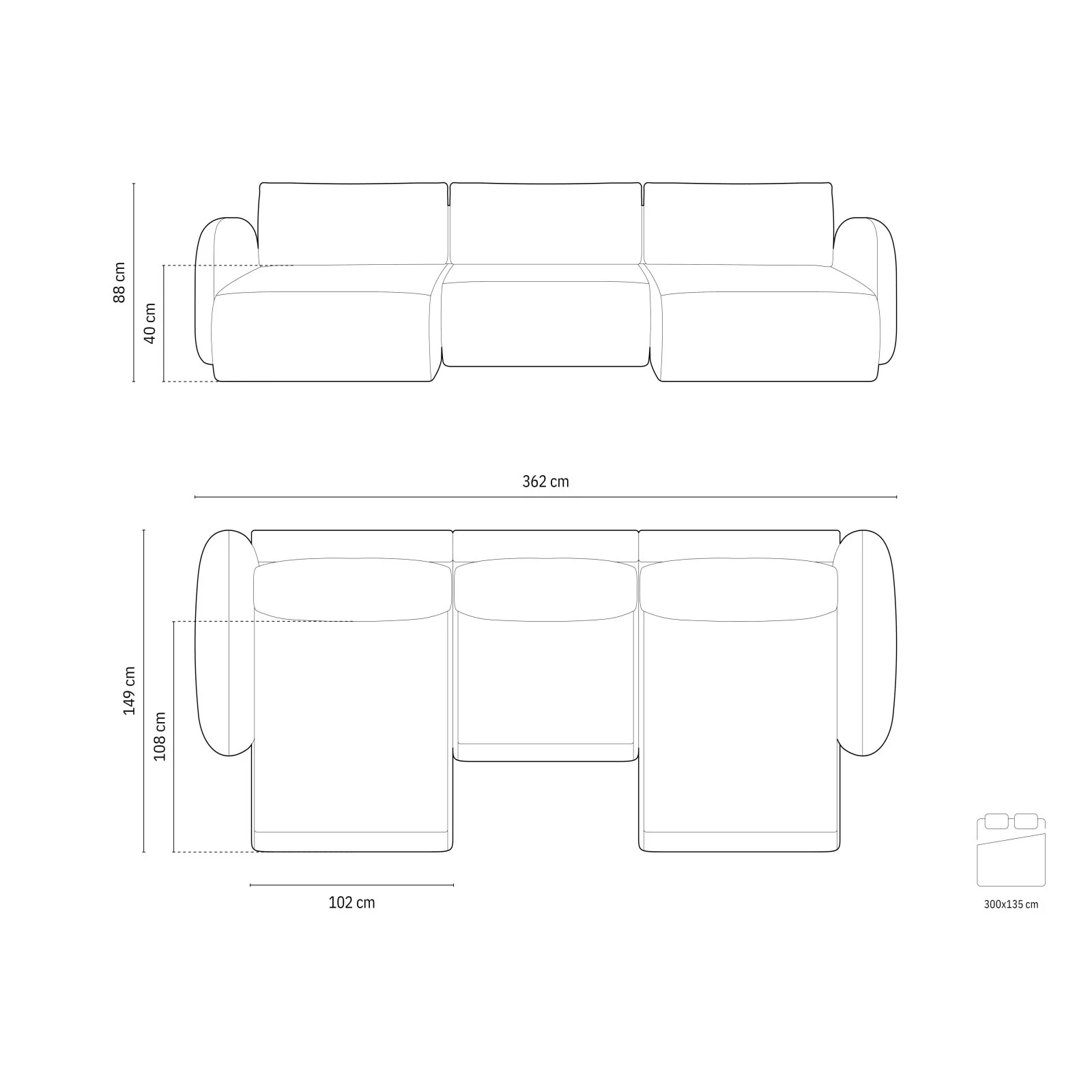Tonale 5-Sitzer Panorama Sofa aus Chenille, 362x149x88 cm - Image 17