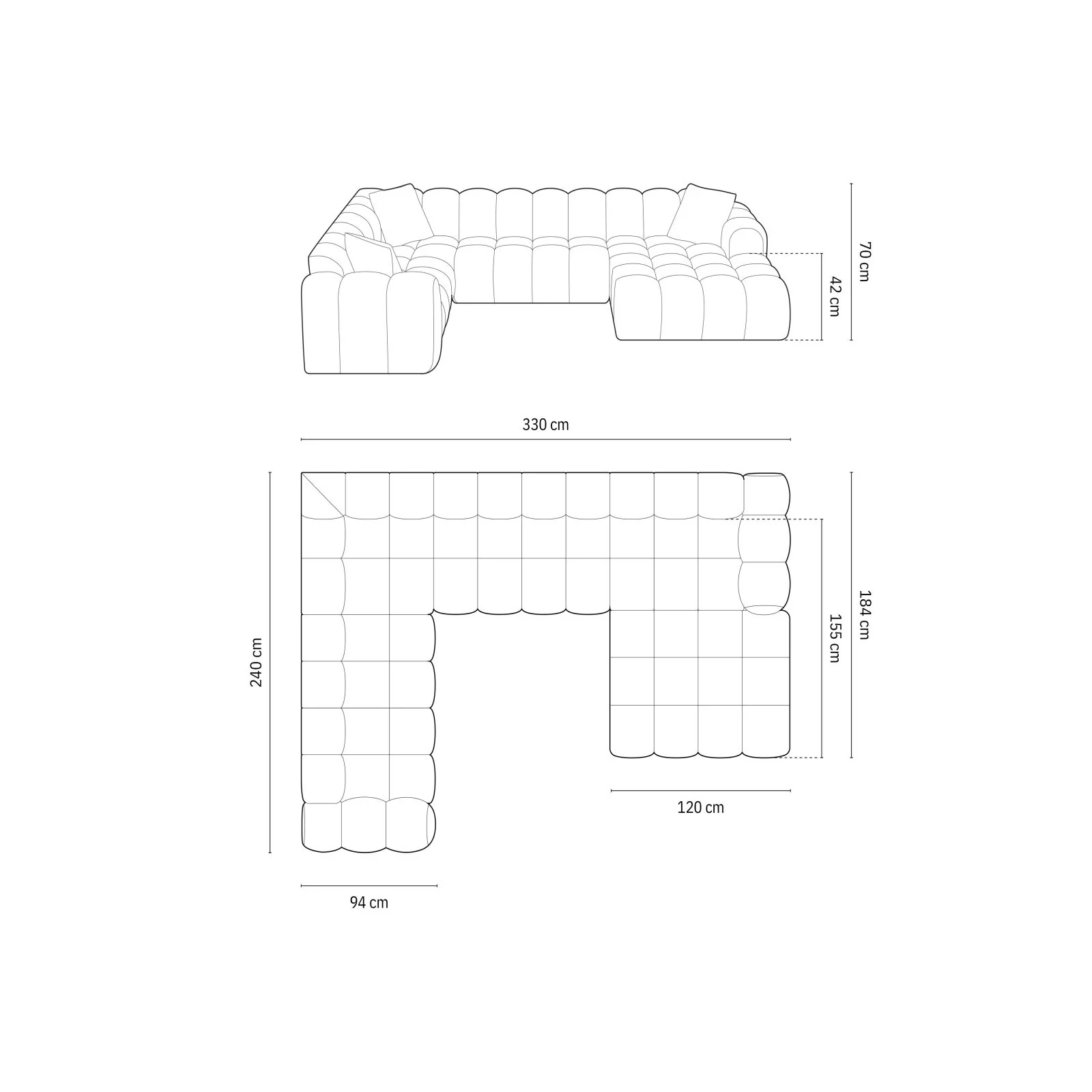 Treno 4-Sitzer Panorama Ecksofa, Linke Seite, aus Samt oder Chenille, 330x240x70 cm - Image 56
