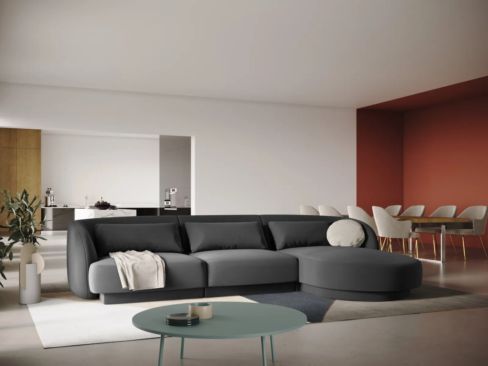 Tulum 4-Sitzer Ecksofa, Rechte Seite, aus Samt oder Chenille, 255x156x70 cm - Image 55