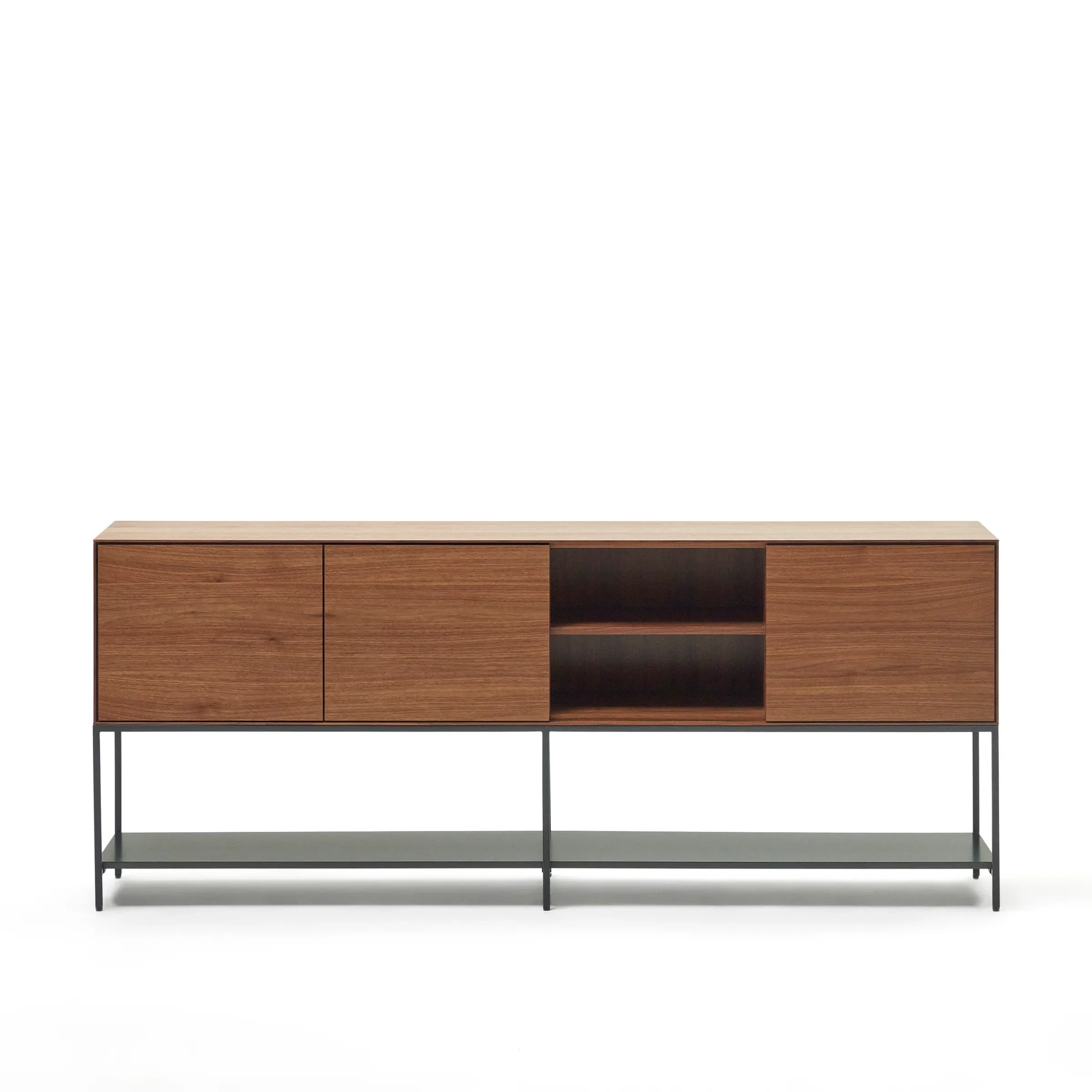 Vedrana Sideboard 3 Türen aus Nussholzfurnier und Stahlbeine in Schwarz 195 x 80 cm
