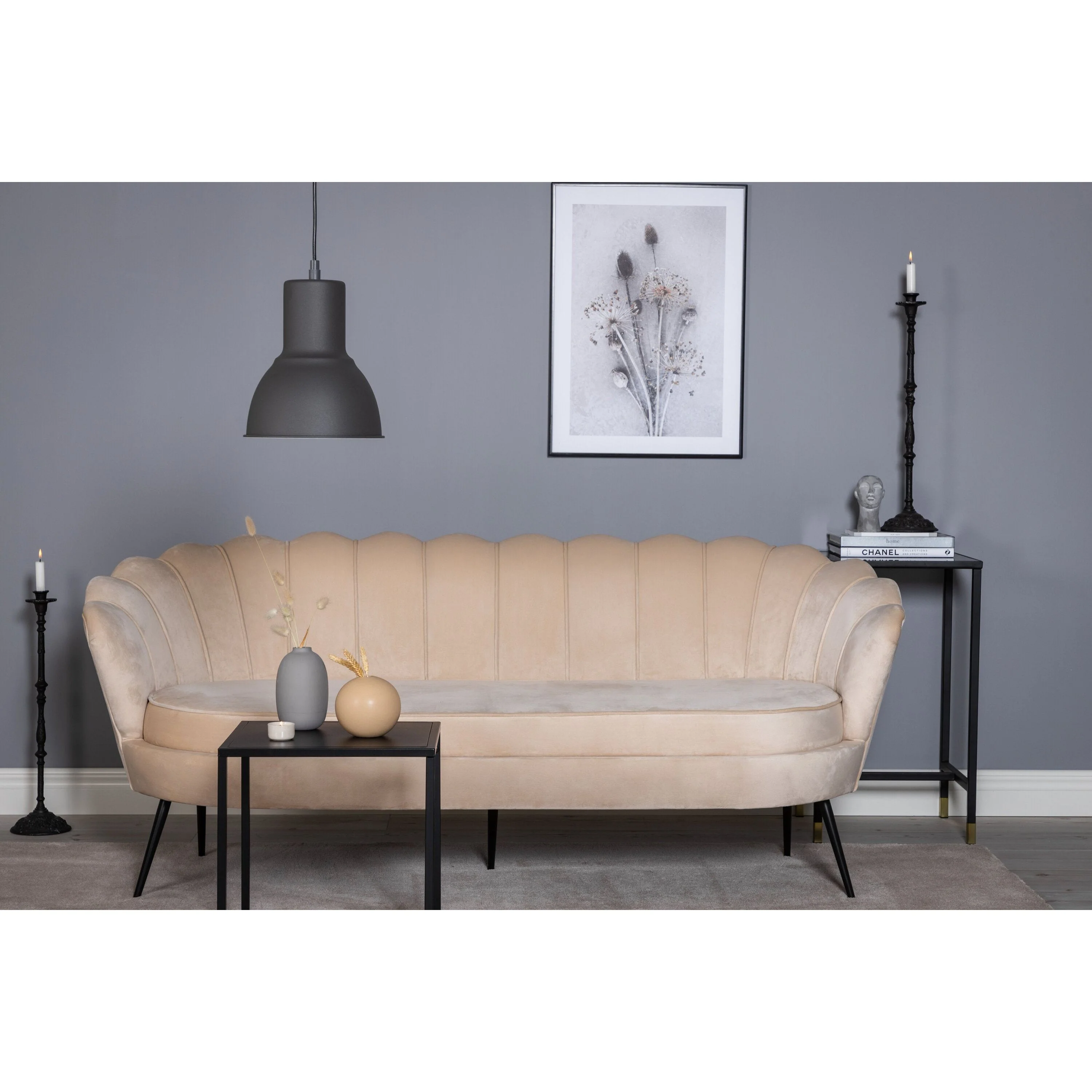 Calais 3-Sitzer Sofa - Beige Samt - Schwarze Beine - Image 2