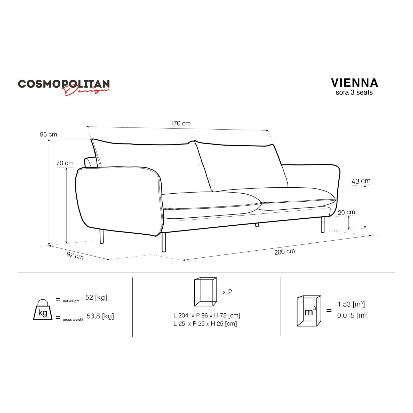 Vienna 3-Sitzer Sofa aus Samt, Boucle oder Strukturstoff, 200x92x95 cm - Image 45