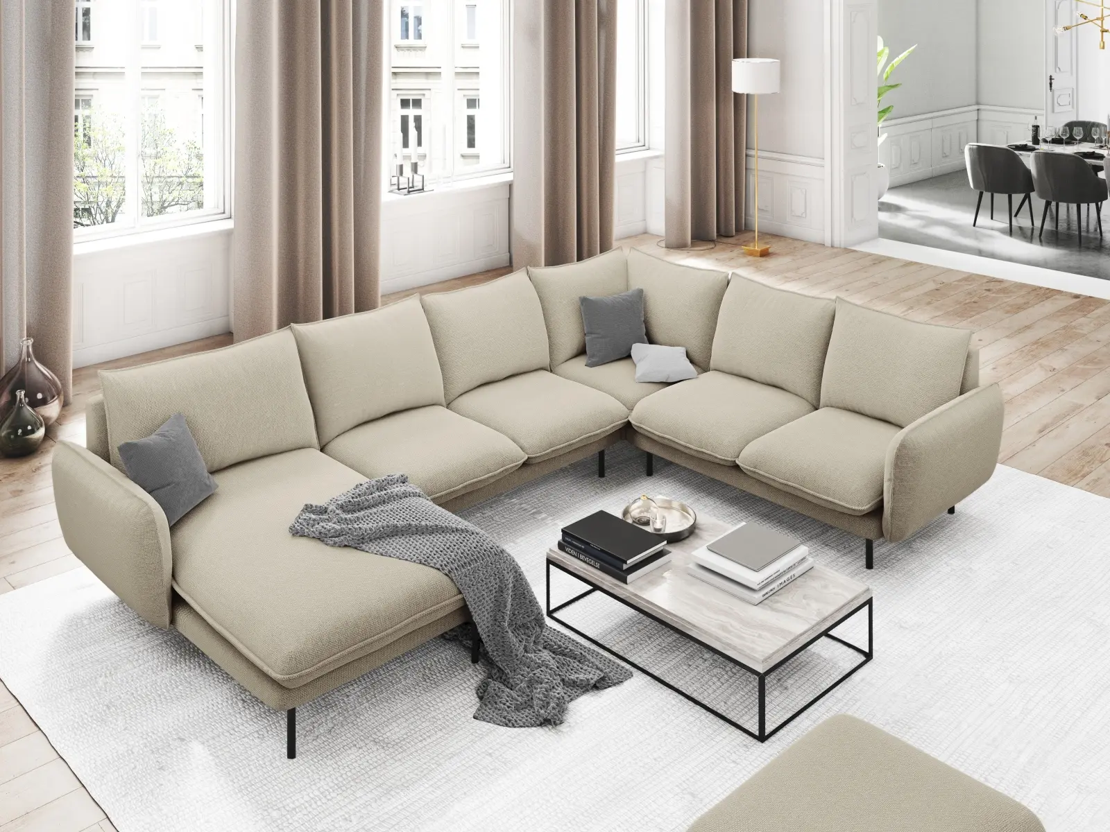 Vienna 7-Sitzer Panorama Ecksofa, Rechte Seite, aus Samt oder Strukturstoff, 330x235x95 cm - Image 132