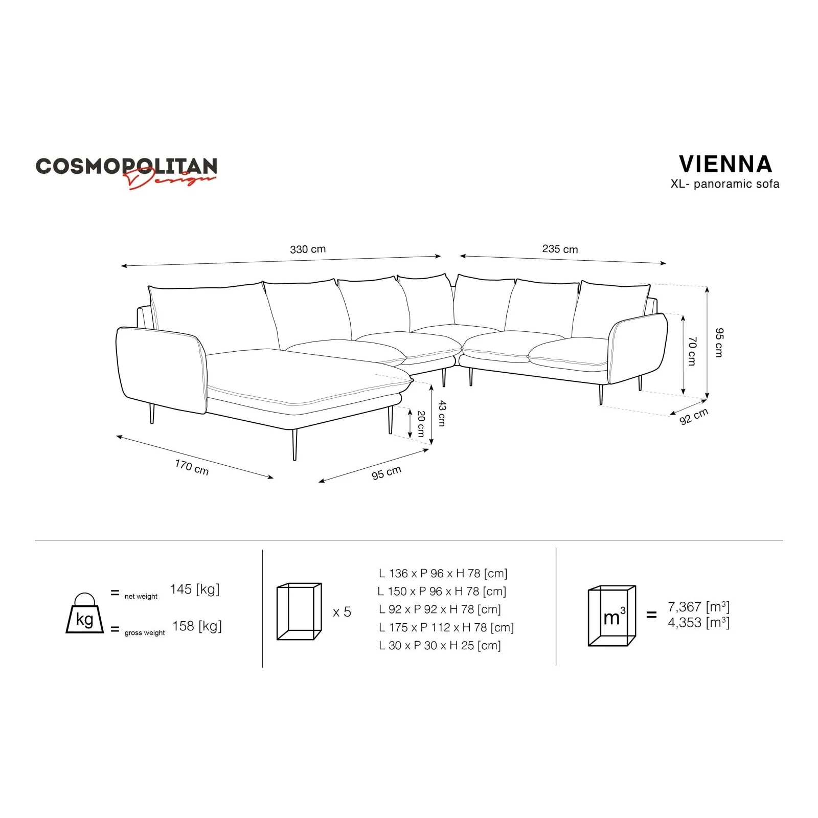 Vienna 7-Sitzer Panorama Ecksofa, Rechte Seite, aus Samt oder Strukturstoff, 330x235x95 cm - Image 44